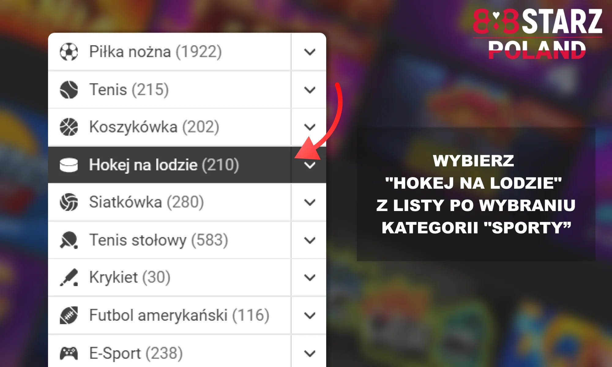 Z listy proponowanych sportów wybierz hokej na lodzie w serwisie 888Starz dla Polaków